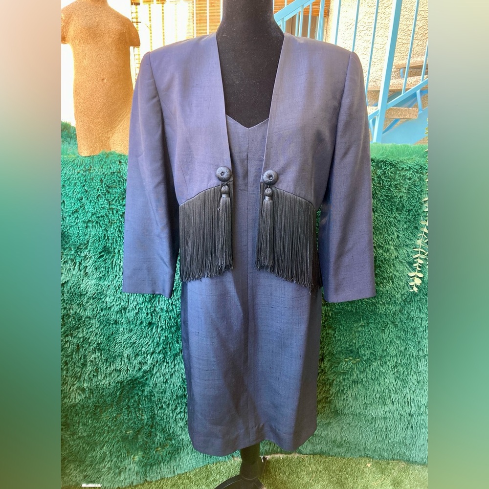 Vintage Albert Nipon Size 10 100% Silk Dress and Cropped Fringe Jacket